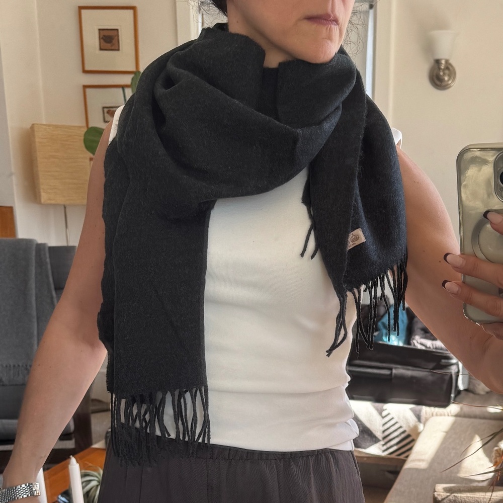 Dark Charcoal Grey Cashmere Scarf with Fringe Trim